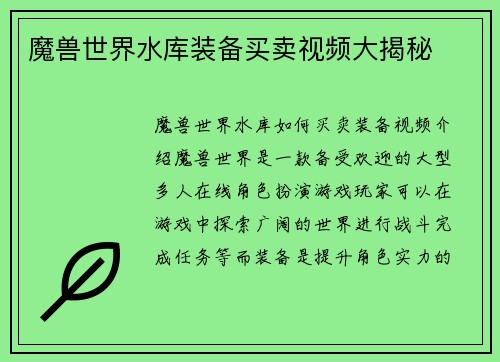 魔兽世界水库装备买卖视频大揭秘